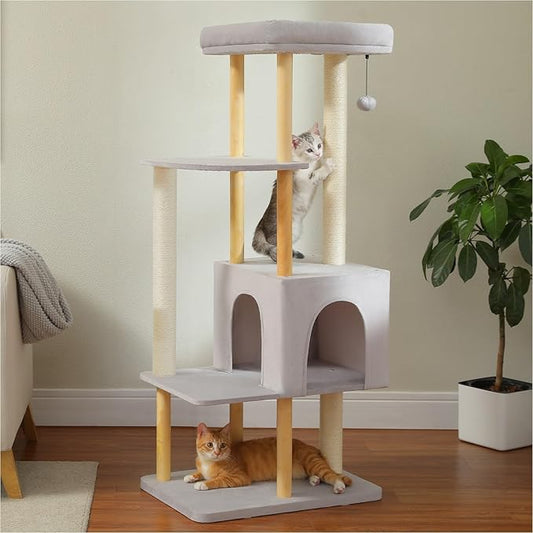 53" Modern Cat Tree for Large Cats, Wooden Cat Tower with Fully Sisal Covered Scratching Posts and Solid Wood Posts, Cat Furniture with Spacious Perch and Cozy Condo Gray