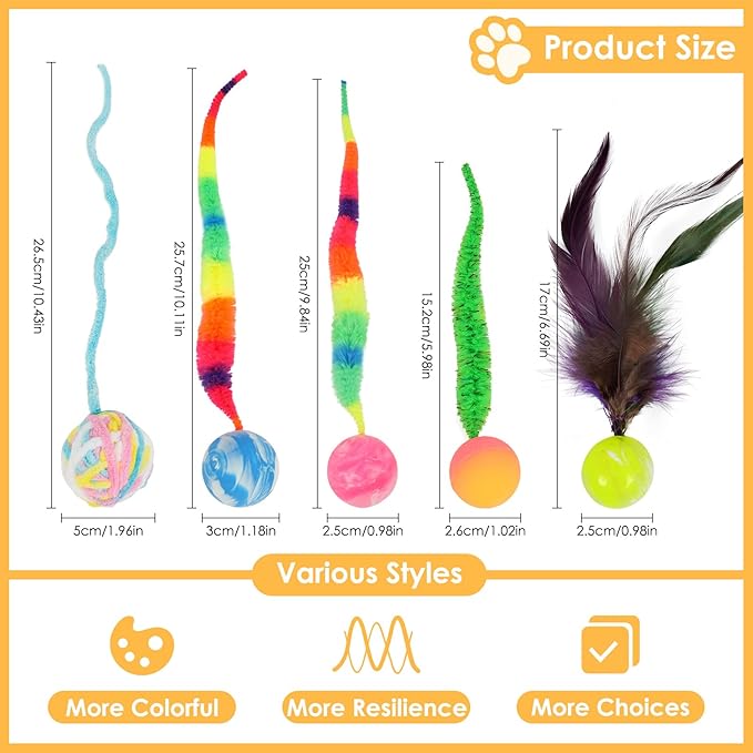 SHENGSEN Feather Wand Cat Toy,Bouncy Ball with Tail Cat Toys,Magic Worm with Large Colorful Ball Toy for Cats,Cat Feather Toys for Indoor Cats,Colorful Fuzzy Worm Bouncy Balls Cat Toy (ADM102-B-5A)