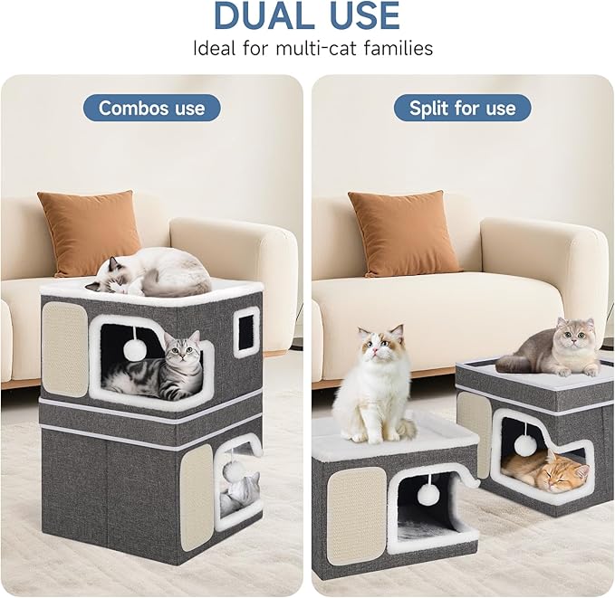Double Cat Beds for Indoor Cats, 2-Storey Cat House with Large Cozy Hideaways, Dual Purpose Cat Cave Cube with Scratch Pads, Hanging Balls, Foldable Indoor Cat Houses for Multi Cats Kittens Small Pets