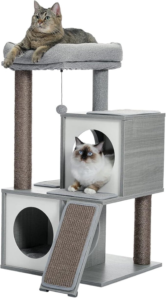 PAWZ Road Cat Tree 35 Inches Wooden Cat Tower with Double Condos, Spacious Perch, Fully Wrapped Scratching Sisal Posts and Replaceable Dangling Balls-Gray