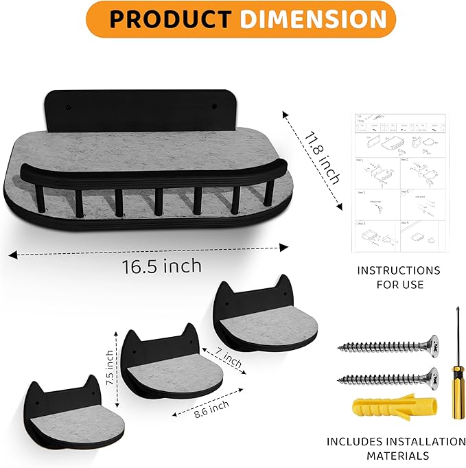 Cat Wall Shelves with 3 Steps – Modern Mounted Cat Wall Furniture & Shelf, Premium Hardwood Bed for Climbing, Sleeping & Lounging, Indoor Hammock for Large Cats - Black