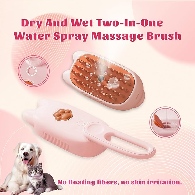 Cat Brush Cat Steam Brush Rechargeable Steamy Pet Grooming For Shedding, Water Spray Massage Brushs, Dog Hair Removal Self Cleaning Brushs Steamer Wet Spa Comb (Pink)