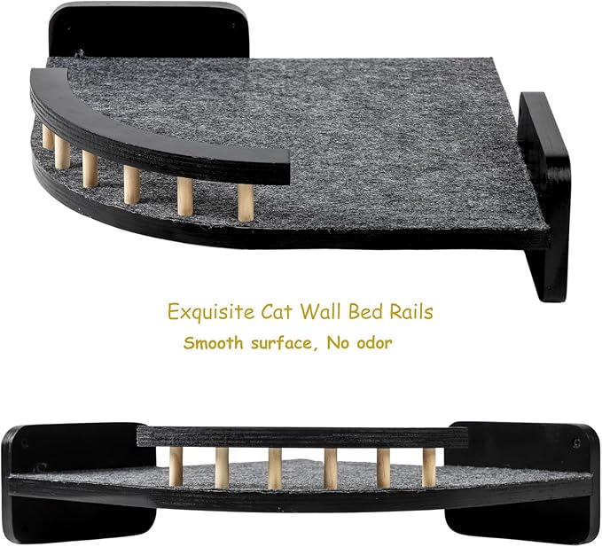 Cat Wall Shelves - 3 Steps Scratch Post & Hammock Bed with Plush Cover, Climbing Shelf for Indoor Cats (Black)