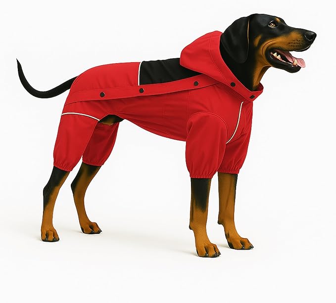 LOVELONGLONG Waterproof Dog Raincoat with Removable Hood – Outdoor Full Body Dog Jacket, Windproof Snowproof Shell Suit – All Season Pet Rain Gear Red 4XL