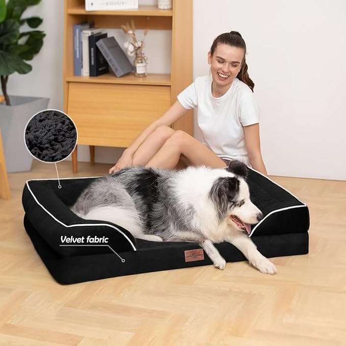 Comfort Expression Orthopedic Dog Bed for Large Dogs 38x25 Inch, Waterproof Supportive Egg Crate Foam Large Pet Bed with Removable Bolsters, Dog Couch with Washable Cover & Non-Slip Bottom, Black
