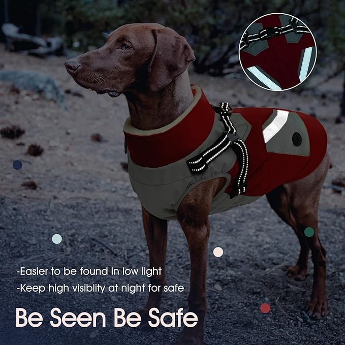 IECOii Large Dog Coat with Harness Built in,Reflective Waterproof Dog Coat for Giant Breeds - Zip Up Fleece Jacket for Dogs,Great Dane Winter Coats Warm Snowsuit for Cold Weather, Red, 4XL