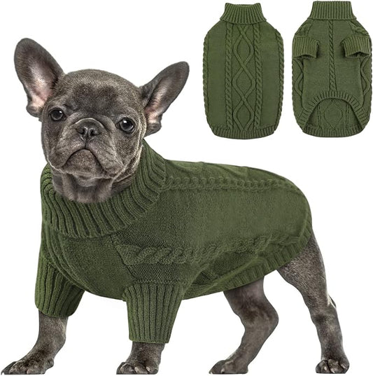 Queenmore Small Dog Pullover Sweater, Cold Weather Cable Knitwear, Classic Turtleneck Thick Warm Clothes for Chihuahua, Bulldog, Dachshund, Pug (Army Green, X-Small)
