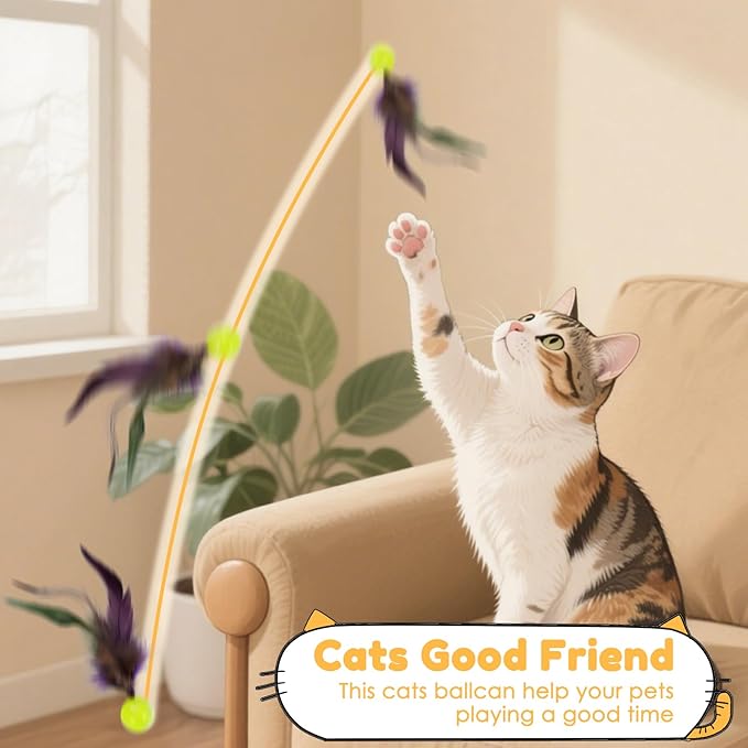 SHENGSEN Feather Wand Cat Toy,Bouncy Ball with Tail Cat Toys,Magic Worm with Large Colorful Ball Toy for Cats,Cat Feather Toys for Indoor Cats,Colorful Fuzzy Worm Bouncy Balls Cat Toy (ADM102-B-5A)