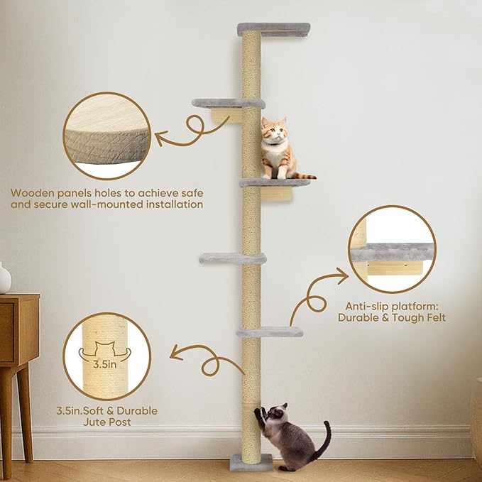 PAWSCRAT Wall-Mounted Cat Tree, 5 Tier Floor to Ceiling Cats Tower, 80 Inch Wall-Mounted Cat Scratching Post, Space Saving Cat Furniture and Easliy Climb for All Cats, Gery
