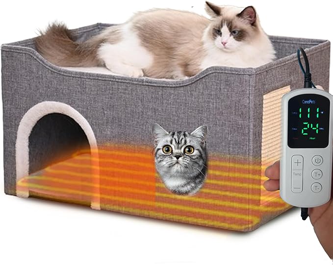 Heated Cat Bed Indoor w/ 12V Electric Heating Pad, Thermal Warming Heated Pet Bed House for Indoor Cats w/Scratching Post, Covered Cat Cave Beds & Furniture Foldable Cats Hideaway, 24x16x15