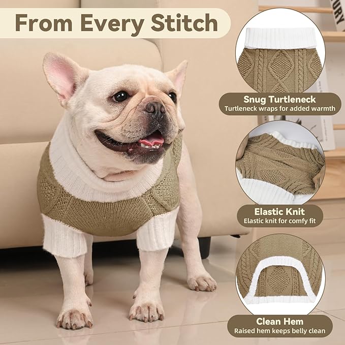 Dog Sweater for Medium Dogs Argyle Cable Knit Turtleneck Pullover Winter Clothes Boys Girls French Bulldog Dachshund Corgi Beagle Pug Pet (M, Brown)