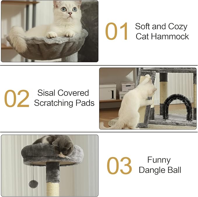 HOOPET 44IN Cat Tree for Indoor Cats - Multi-Level Cat Tower with Hammock, Condo, Scratching Posts, Self-Grooming Brush & Play Ball - Space-Saving Cat Furniture for Small Apartments