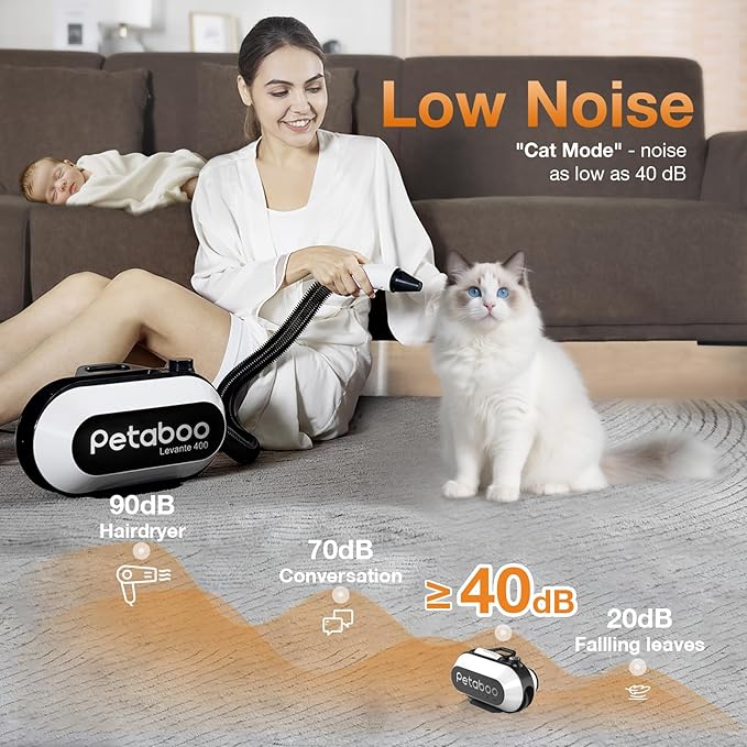 petaboo Dog Blow Dryer - Ultra-Quiet 40dB Cat Mode, 3-in-1 Nozzles & Adjustable Speed/Temp, Negative Ion Technology, BLDC Motor for Fast Drying, Portable & All-in-One Storage for Dogs & Cat
