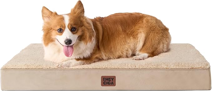 EHEYCIGA Orthopedic Dog Beds for Large Dogs with Removable Washable Cover for Crate, Khaki, 35x23