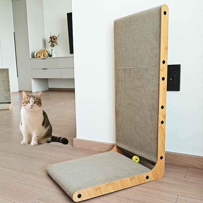 L Shape Cat Scratcher,Cardboard Cat Scratching with Ball Toy, Catnip, Wall Mounted Protecting Large Cat Scratcher Pad, Furniture Cat Scratch Pad for Indoor Cats (27.6 INCH)
