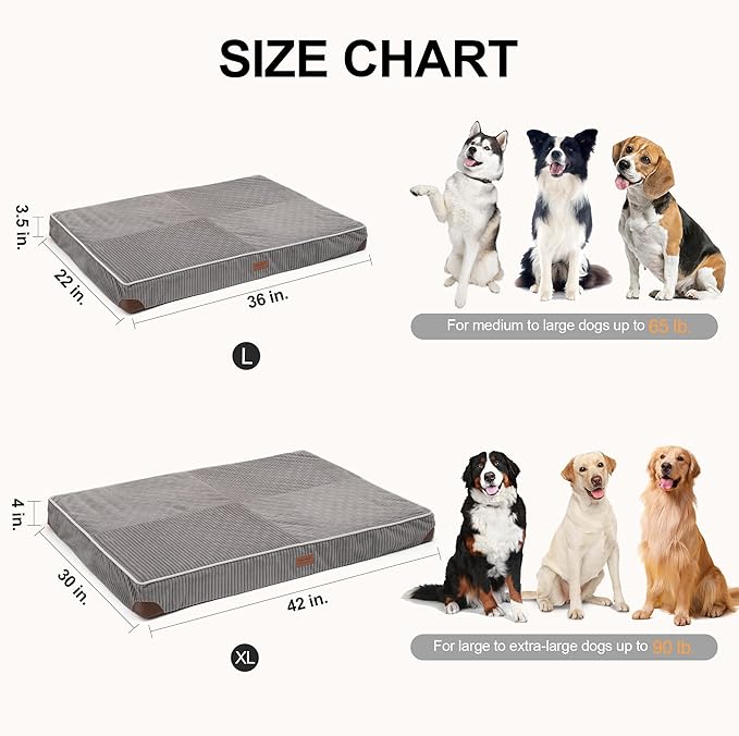 FUKUMARU Dog Bed, Plush Corduroy Orthopedic Dog Beds with Washable Cover, Large Waterproof Dogs Bed for Crate, Egg Crate Foam Support Pet Mat, Cozy Pet Bed Mat with Anti-Slip Bottom, Grey