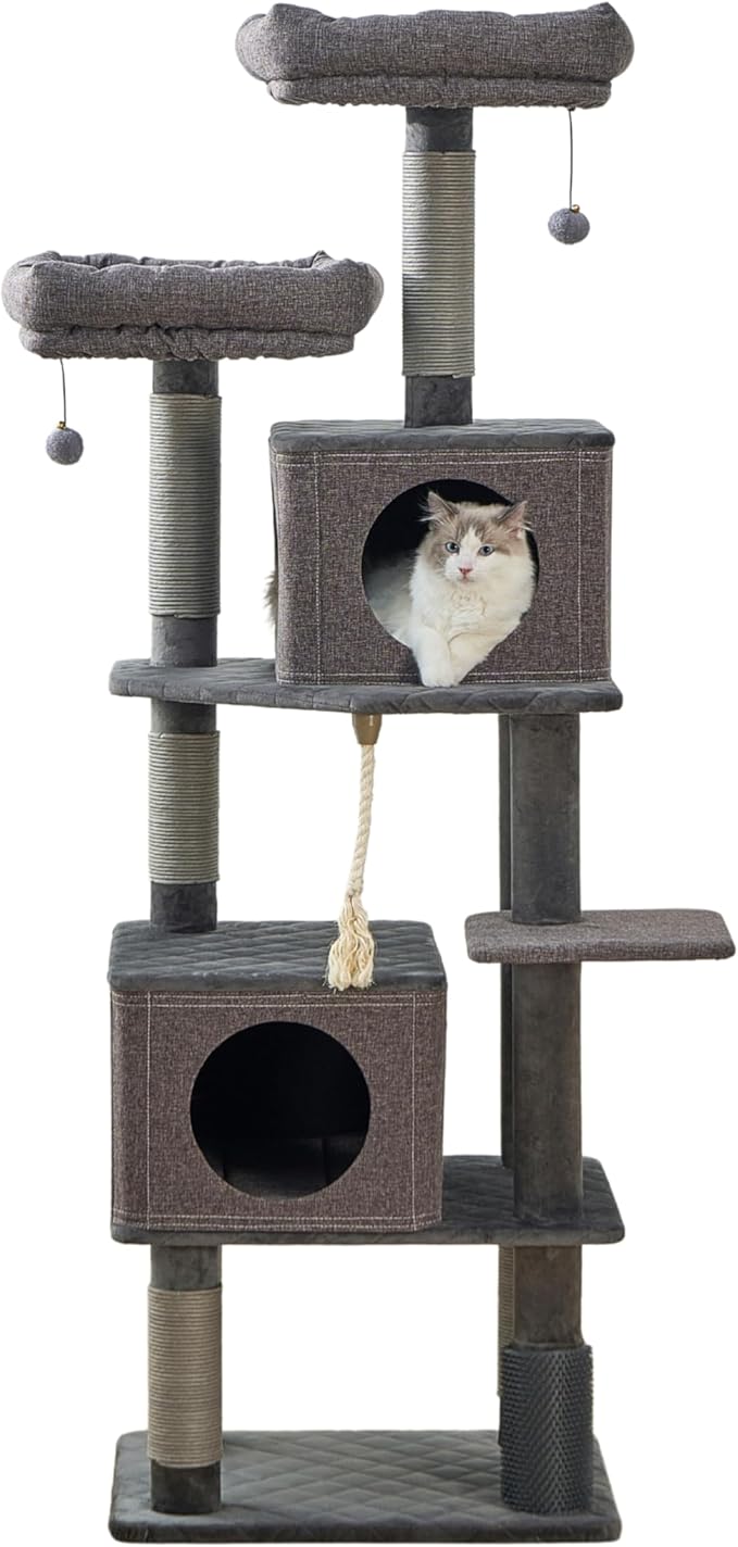 Catry Stella 7-Level 67.5” Linen & Quilted Velvet Cat Tree with Recycled Paper Scratchers, Two Condos, Removable Beds, Toys, Easy to Clean, Ideal for Large Cats and Multi-Cat Homes (Zinc Gray)