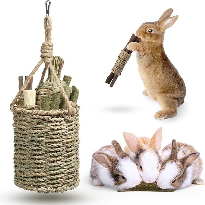Rabbit Chew Toys,Natural Seagrass Hanging Basket with Sweet Bamboo,Timothy Hay,Water Plant Radish,Apple Sticks for Bunny Chinchillas Guinea Pigs Hamsters Rats Teeth Grinding