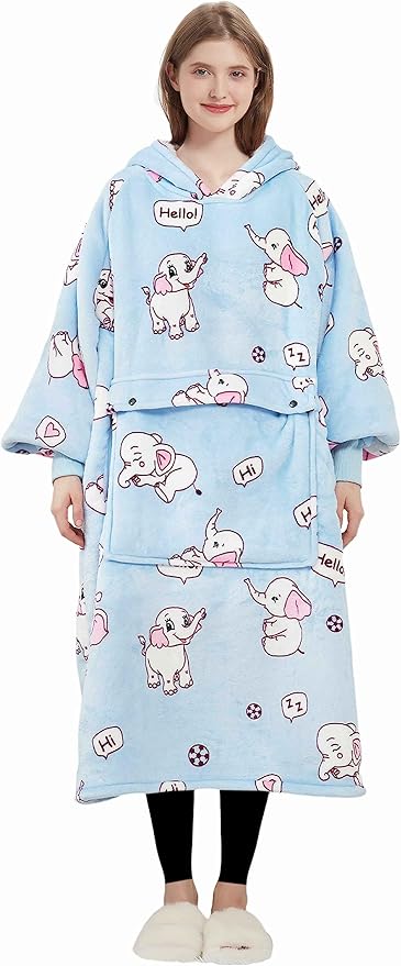 KFUBUO Wearable Blanket Hoodie for Adult Long Sherpa All Patterns Elephant Oversized Hoodie Sweatshirt Blanket Cute Birthday Gifts for Women