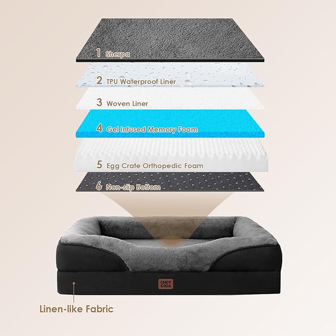 EHEYCIGA Memory Foam Dog Bed for Large Sized, Orthopedic Dog Sofa with Sides and Waterproof Liner, Washable Bolster Pet Couch with Removable Cover, 41x27x7.5 Inch, Grey/Black