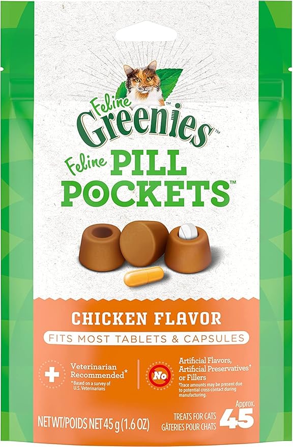 Greenies Feline Pill Pockets Treats for Cats Chicken Flavor - 1.6 oz. 45 Count (Pack of 6)