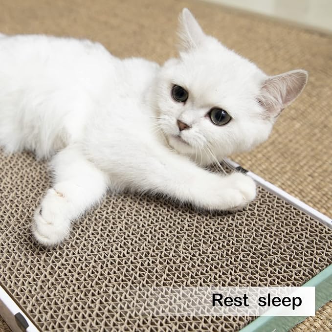 PAWSFANS Cat Scratcher Cardboard Scratch Pad with Box Durable Corrugate Scratching Kitty Sofa Lounge Bed Reversible Catnip Included for Indoor Cats,Large(Box, 1pcs)
