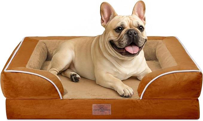 Comfort Expression Orthopedic Dog Bed for Medium Dogs 28x19 Inch, Waterproof Supportive Egg Crate Foam Medium Pet Bed with Removable Bolsters, Dog Couch with Washable Cover & Non-Slip Bottom, Orange