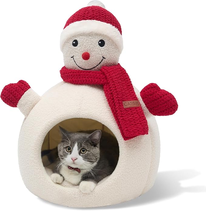 CATISM Christmas Cat Bed - Christmas Snowman Cat Bed for Indoor Cats, Cute Snowman Cat Beds with Warm Cushions Removable Cave with Non-Slip Cushioned Bottom for The Holidays