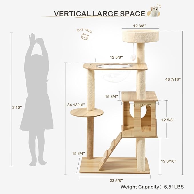 EUREKA ERGONOMIC Cat Tree Tower, 46.5 Inch Modern Cat Tower with Scratching Post, Multi-Level Large Cat Condo Wooden Cat Stand with House, Pompoms, Cat Tree with Scratch Pad (Yellow)