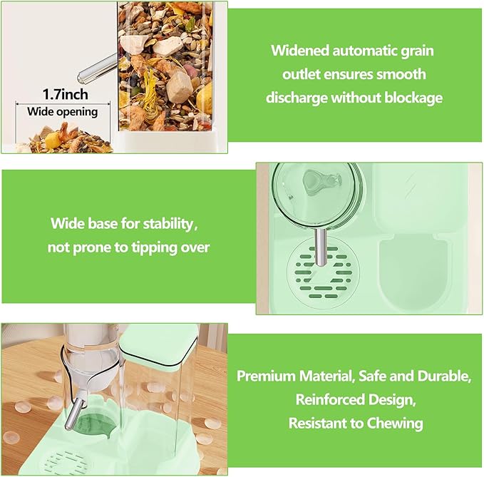 2-in-1 Hamster Water Bottle & Enhanced Food Dispenser - 35% Larger Food Capacity, Leak-Proof Design for Glass Tanks/Wire Cages Small Animal Accessories (Green, 4.9IN+5.1IN+5.7)