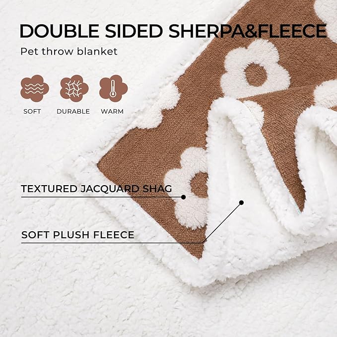 Luciphia Waterproof Pet Blanket for Medium Large Dogs Fluffy Thick Fleece Washable Warm Sherpa Calming Flower Print for Cats Puppy (Khaki,67x57 inches)