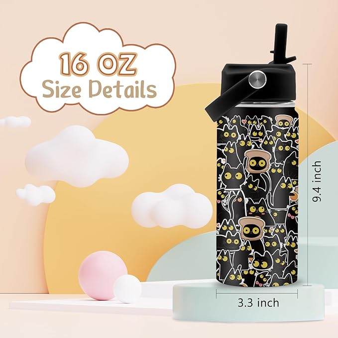 16 oz Water Bottle with Straw Lid, Stainless Steel Insulated Cats Tumbler, Cute Cat Water Bottles for Travel, Cats Lovers Gifts Cups