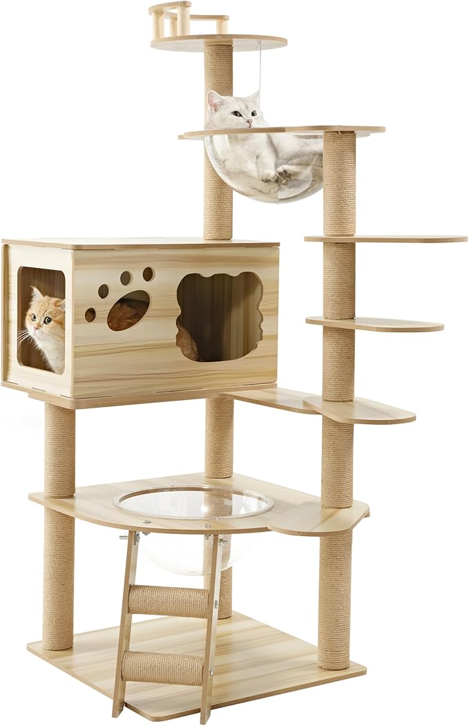 EUREKA ERGONOMIC Cat Tree Large 52 Inch, Wooden Cat Tower Multi-Level Cat Tree Tower for Indoor Cats Large Adult with Scratching Post, House, Pompoms, Cat Stand with Scratch Pad (Yellow)