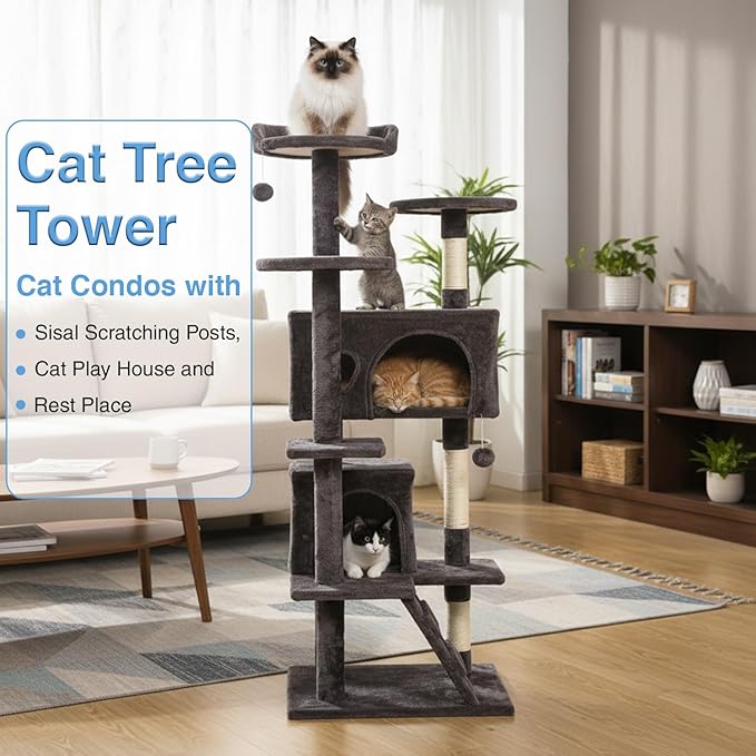 FDW Cat Tree 54in Cat Tower Multi-Level Durable Cat Scratching Post & Cozy Fun Cat Jumping Platform Space Saving Cat Condo Pet Play House for Indoor Cats,Purple Gray