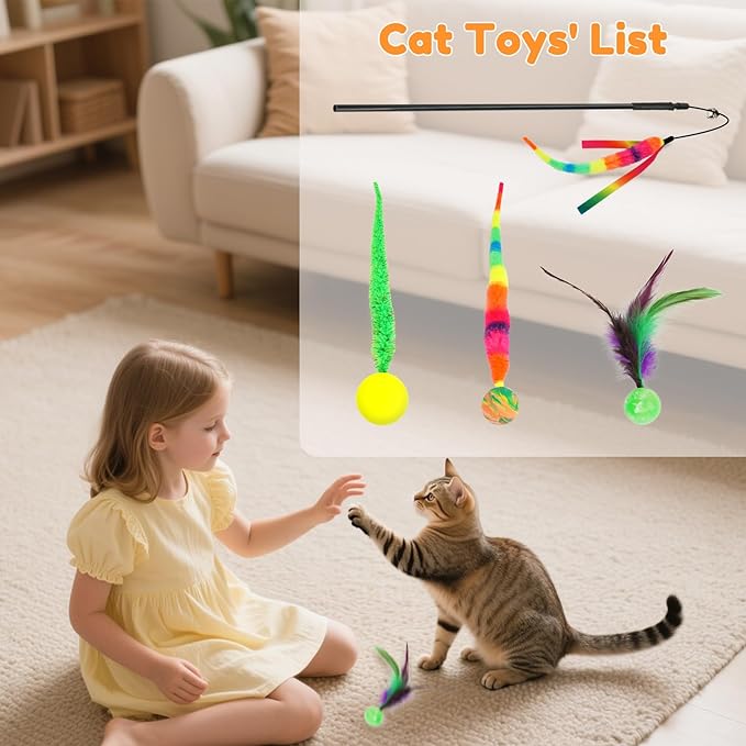 SHENGSEN Feather Wand Cat Toy，Bouncy Ball with Tail Cat Toys，Magic Worm with Large Colorful Ball Toy for Cats，Cat Feather Toys for Indoor Cats,Colorful Fuzzy Worm Bouncy Balls Cat Toy