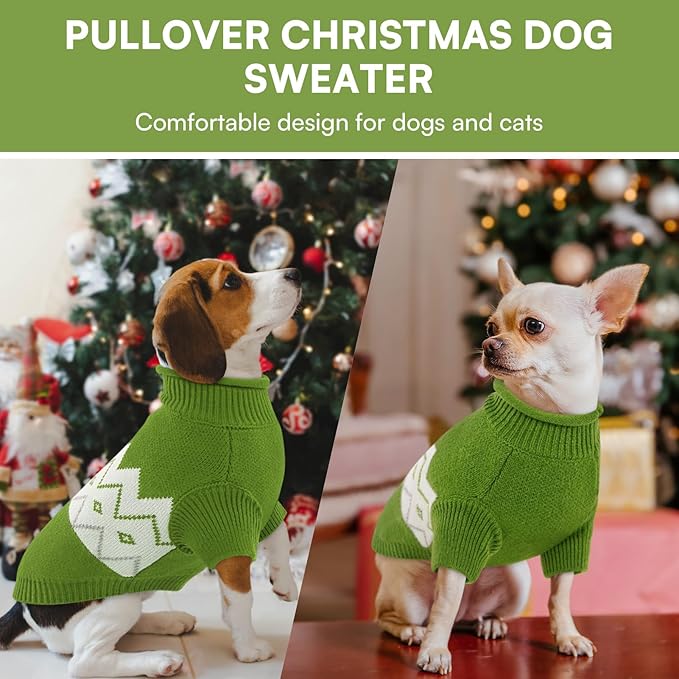 Queenmore Warm Dog Sweater, Soft Pet Knitwear, Knitted Pullover, Winter Pet Clothes for Small Medium Dogs Cats Green