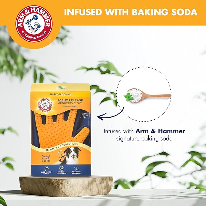 Arm & Hammer “Simply Calm” Dog Grooming Deodorizing Glove with Fragrance Transfer Technology –Scented Silicone Hand Brush for Bathing & Shedding, Sweet Lily & Vanilla Scent