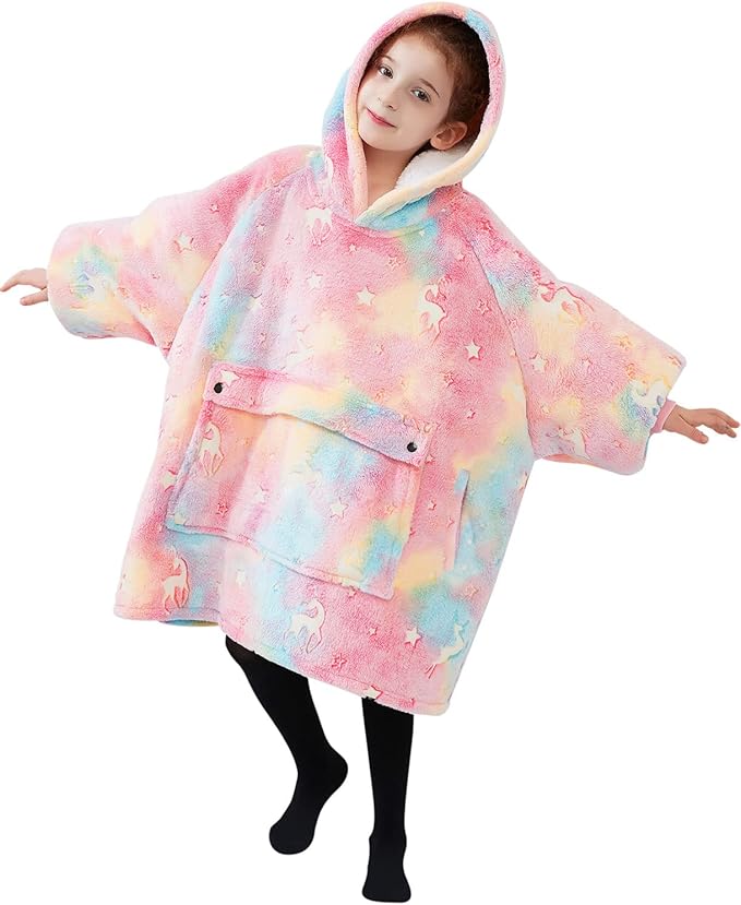 Glow in The Dark Wearable Blanket Hoodie for Kids Sherpa Patterns Oversized Sweatshirt Blanket with Pocket 6-10 Year Old Girl Birthday Gifts Rainbow