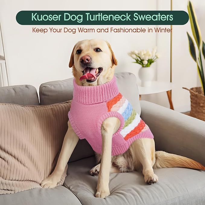 Kuoser Dog Sweater, Large Sweaters for Dog Girls Boys Christmas Thanksgiving Outfit, Thick Fall Winter Cable Knitwear, Pet Sweatshirt Warm Clothes Turtleneck Pullover, Pink L