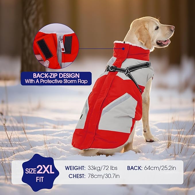 FUAMEY Dog Winter Jackets for Large Dogs,Dog Coat with Harness Built in,Waterproof Dogs Snowsuits Warm Pet Jacket Zip Up Fleece Cold Weather Coats Reflective Puppy Vest with Pocket Red XL