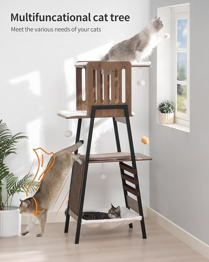 FourFurPets Modern Cat Tree, 58-Inch Cat Tower for Large Cats, Maine Coon Cat Tree with Scratching Board, Large Perch, Hammock and Removable Pads, Greige