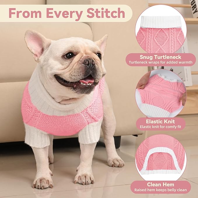 Dog Sweater for Medium Dogs Argyle Cable Knit Turtleneck Pullover Winter Clothes Boys Girls French Bulldog Dachshund Corgi Beagle Pug Pet (M, Pink)