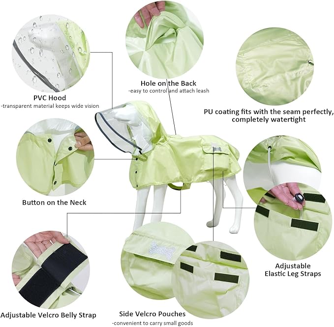 Waterproof Dog Raincoat, Adjustable Reflective Lightweight Pet Rain Clothes with Poncho Hood(Medium,Light Green)