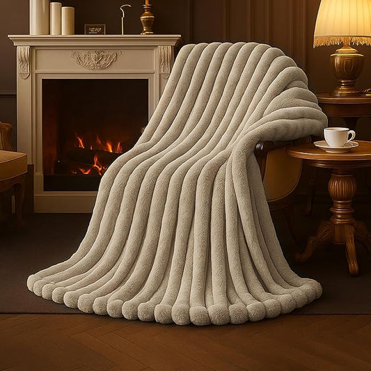 Amélie Home Faux Fur Throw Blanket for Couch, Cozy Fuzzy Fluffy Fur Luxurious Soft Striped Plush Gift Blankets for Family Sofa Chair Bedroom, 55"x70", Beige