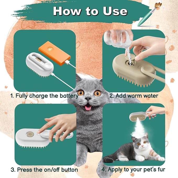 SteamCat 3 in 1 Cordless Cat Grooming Brush, Built-in Lithium Battery, Silicone Massaging, Removes Static & Pet Hair, for Cats & Dogs (White)