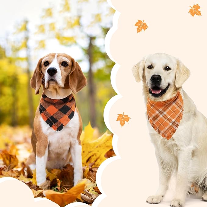 Kytely Fall Dog Bandana Autumn Thanksgiving Dog Bandanas Large, Orange Plaid Pet Scarf for Boy and Girl, Holiday Halloween Reversible Triangle Bibs Accessories for Dogs Pets