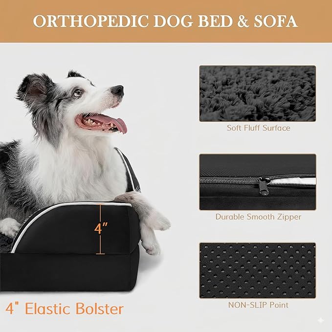 Comfort Expression Orthopedic Dog Bed for Large Dogs 38x25 Inch, Waterproof Supportive Egg Crate Foam Large Pet Bed with Removable Bolsters, Dog Couch with Washable Cover & Non-Slip Bottom, Black