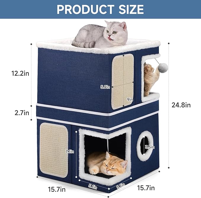 Shikha 2-Storey Cat Houses for Indoor Cats, Dual-Purpose Double Large Cat Beds Cave with Hideaway Condos, Scratch Pads, Fluffy Balls, Foldable Indoor Cat Cube House for Multi Small Pets Kitten, Blue