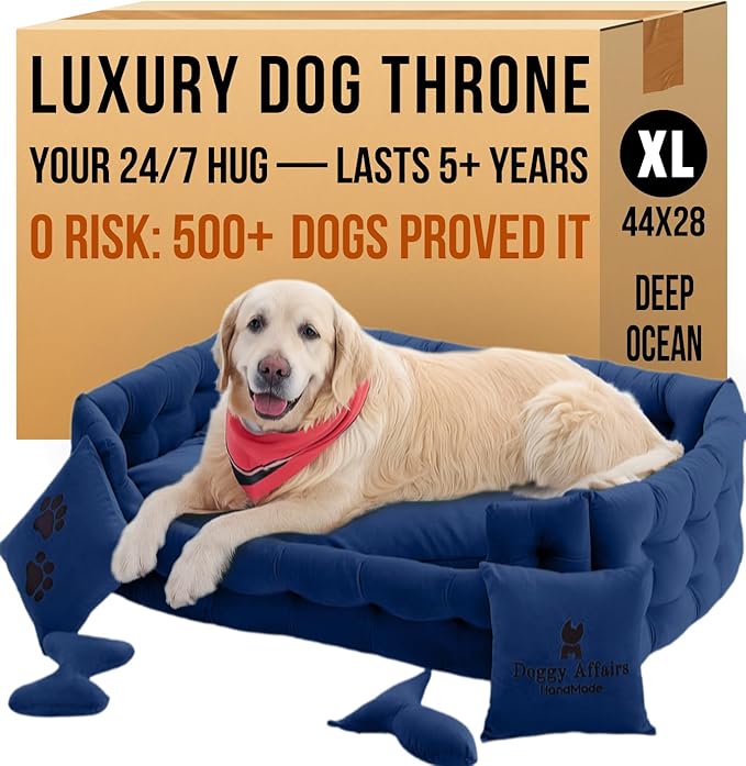 Luxury Dog Bed Chesterfield – Handcrafted Velvet Throne for Dogs | Joint Support, Calming & Temp-Regulating Comfort | Durable 5+ Years, Anti-Claw, Washable 100+ Times – XL, Blue