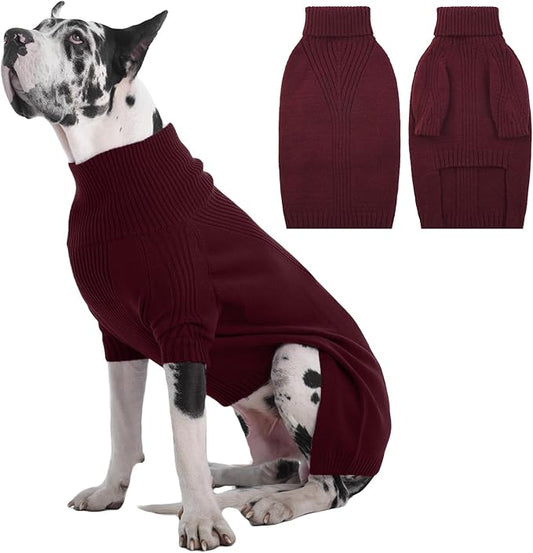 IECOii Great Dane Sweater,5XL Extra Large Sweater for Giant Breed Dogs in Winter,Turtleneck Cold Weather Knit Clothes,Machine Washable,Elastic Pullover for Saint Bernard,Mastiff (Burgundy,XXXXXL)